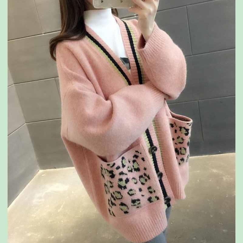 Spring and Autumn V-neck Knitted Cardigan Women Leopard Pocket Sweater Coat Versatile Student Mid Length Cardigan Sweater