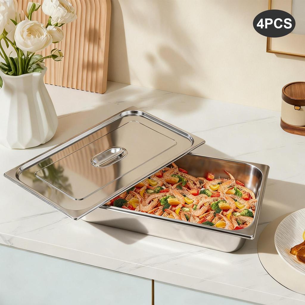 4-Pack 201 Stainless Steel Steam Table Pans with Lids, 2.38 Gal Food Pans 21 Inch Hotel Pan for Catering, Buffet, Restaurant & Home Kitchen