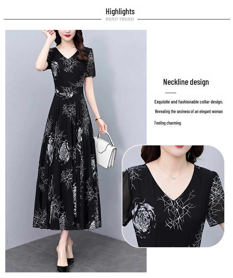 Spring/Summer 2024 V-Neck Floral Black Midi Dress - Plus Size Women's High-End Collection