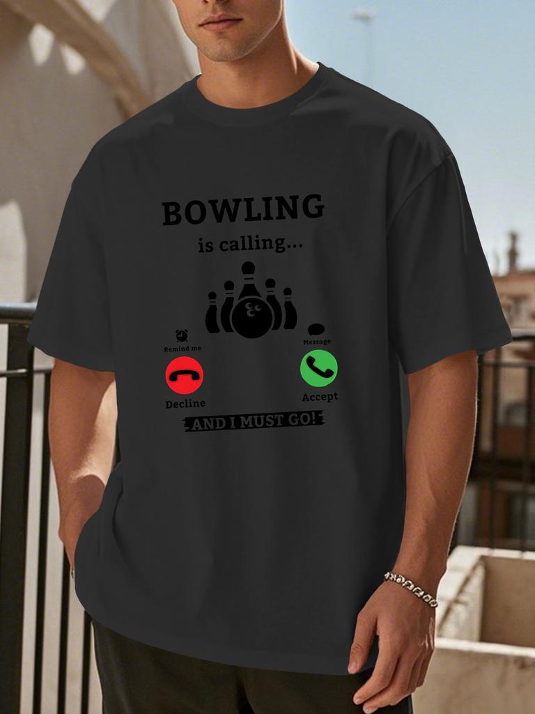 Unisex Crew Neck Loose Cotton T Shirt Bowling Pin Ball Incoming Phone Interface Print Short Sleeve Sport Leisure Street Wear Tee