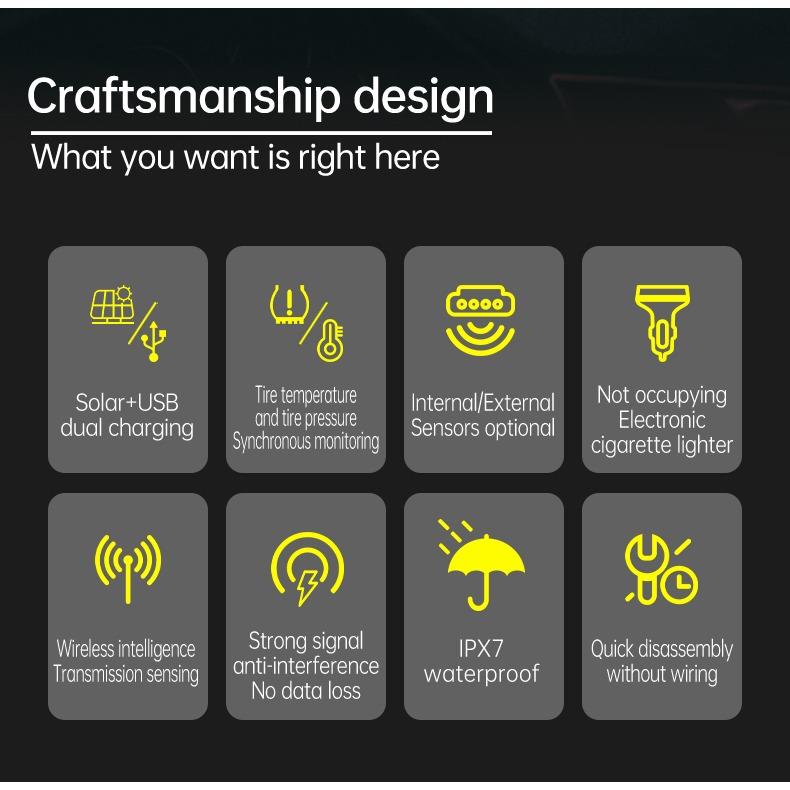 Sistem universal de senzori externi TPMS Solar-USB cu afișaj impermeabil IPX7 - Monitor inteligent al presiunii în anvelope