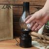 Miniature Oil Lamp Decor Kerosene Resin Candle Holder, Retro Figurine with Smoked Decorative Tea Wax Glass Shade & Carved Base, Tabletop for