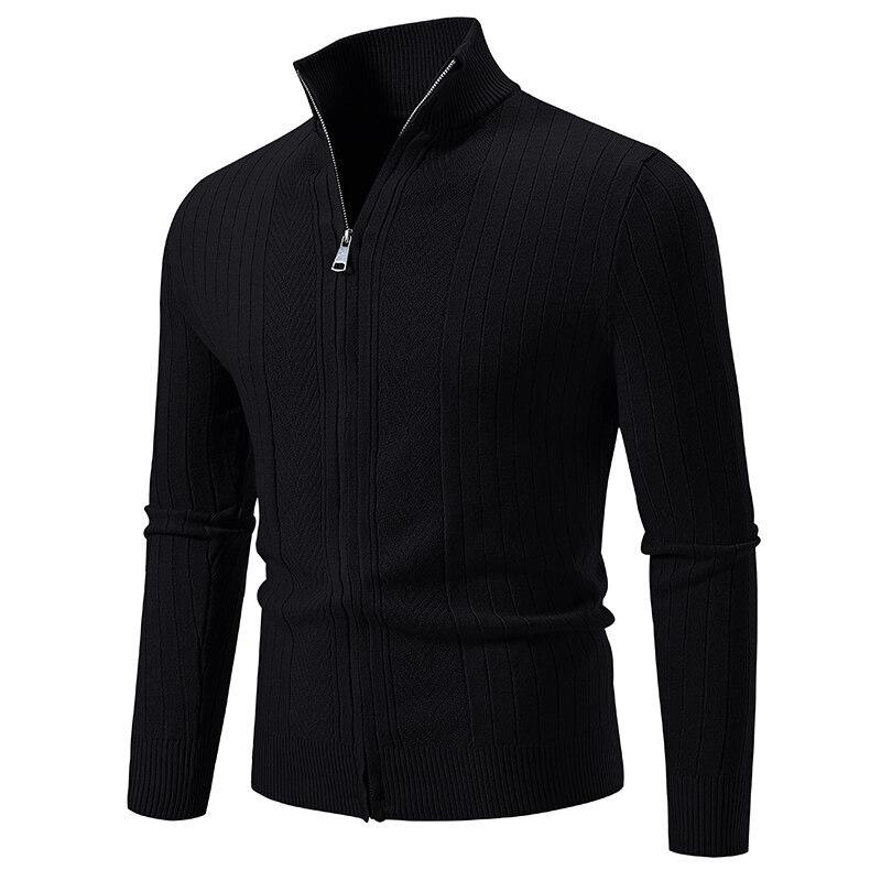 Mens Stand Collar Thickened Jacquard Zip Up Cardigan Knit Sweater