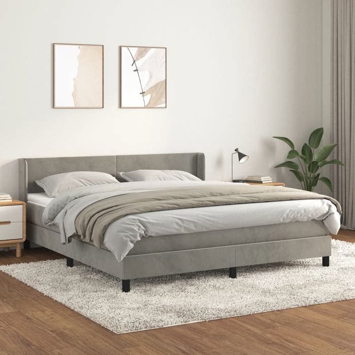 Lit avec sommier et matelas - 160x200cm - Velours gris clair - Tête de lit réglable - Ressorts ensachés