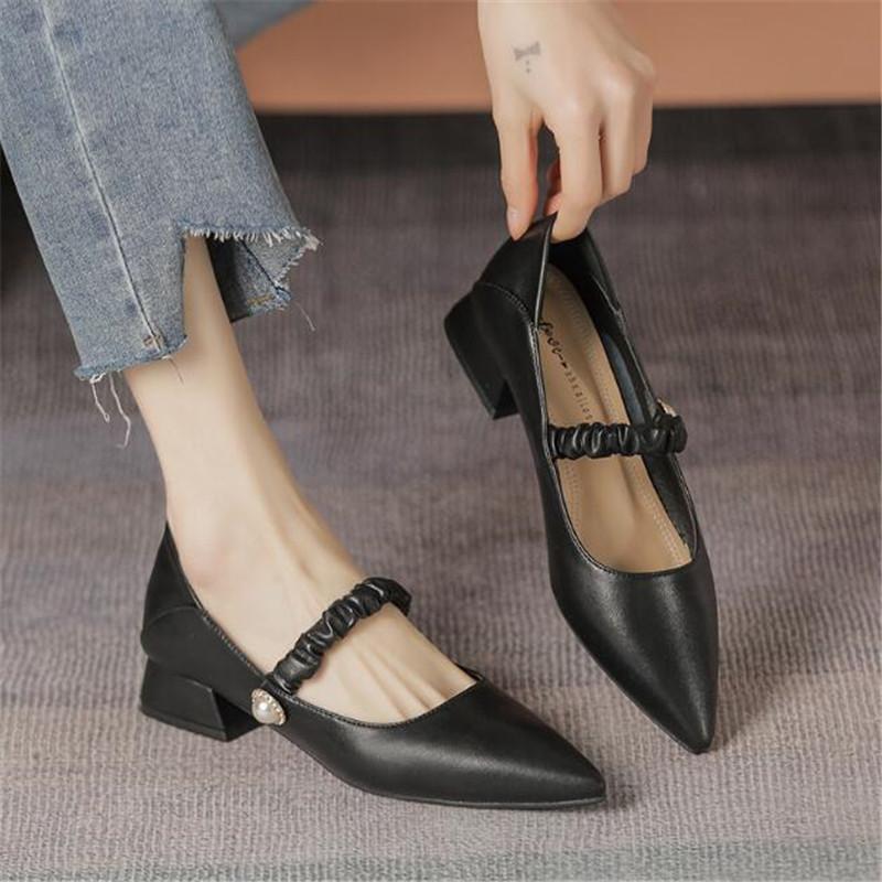 Genuine Leather Women's Shoes Elegant Casual Office Black Shoes Ladies Thick Heel Woman Pointed Toe Fashion Dress Party Pumps