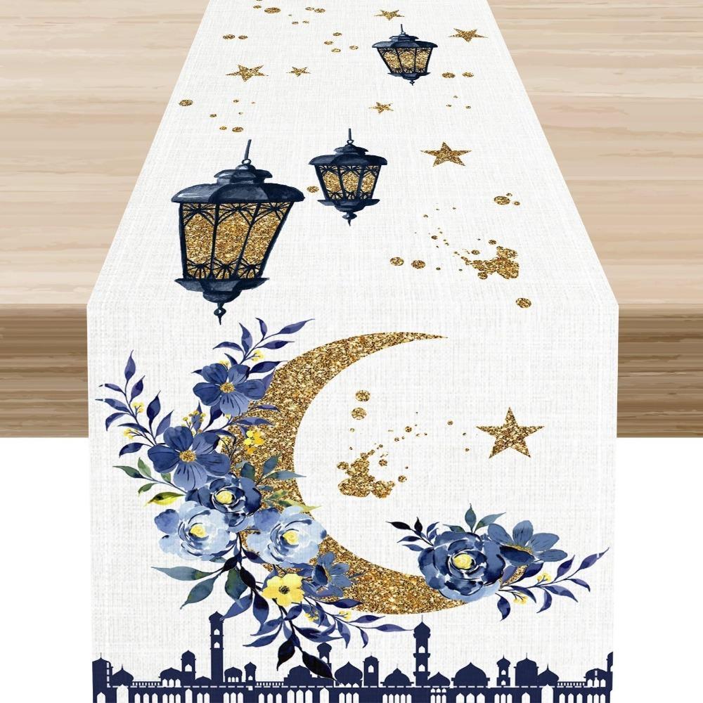 Thickened Ramadan Table Runner Vintage Decorative Dining Table Flag Castle Lantern Pattern Table Cover Islamic Party Decor