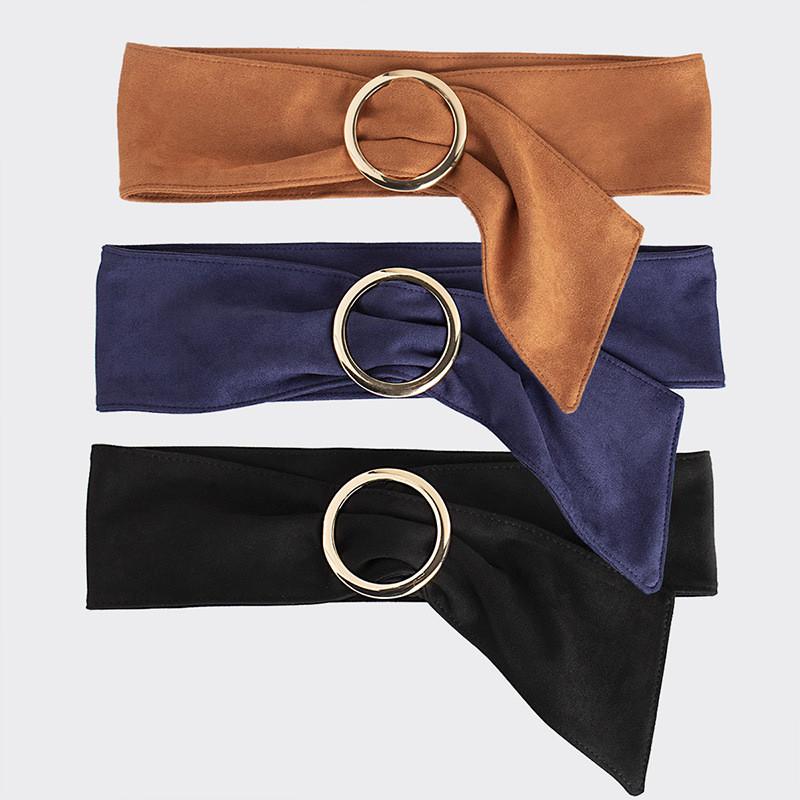 Ladies Wide Belt With Circular Buckle Faux Suede Fashion Accessory For Spring Looks