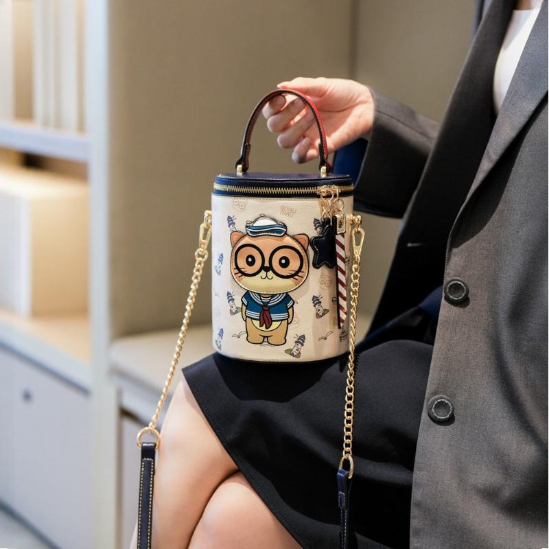 BEIBAOBAO New Cute Cartoon Cat Round Handbags High Texture PU Waterproof Women's One Shoulder Bag Popular Niche Small Basket Bags for Goddess Day Gift