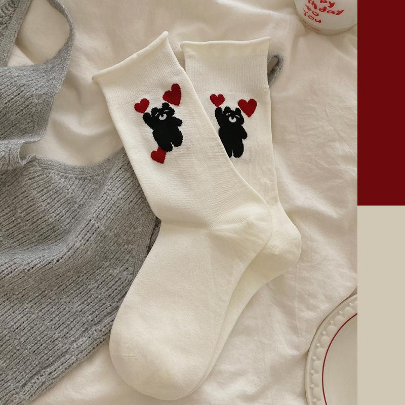 Rolled-up Socks for Women, Autumn Red and White Mid-calf Socks, Cartoon Bear Pile Socks, Striped Boneless Socks