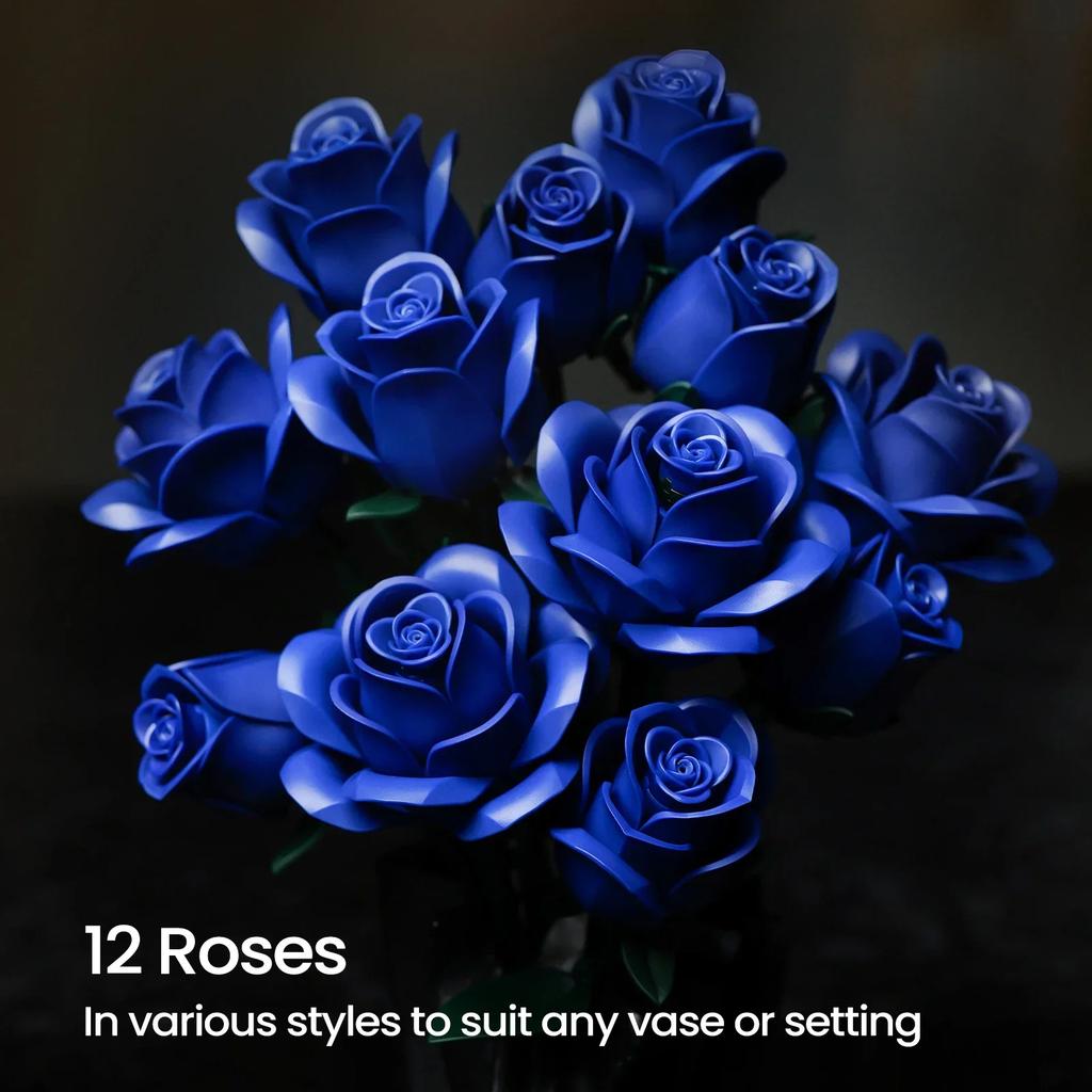 Blue Rose Blocks Flowers Building Set Artificial Roses Wedding Floral Decorations Bricks Toys Valentines Birthday Gift for Adult
