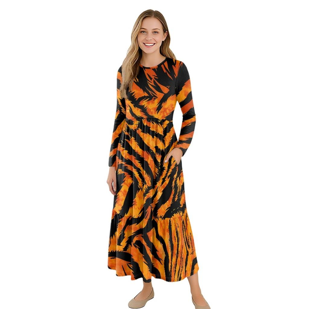 Long Sleeve Casual Midi Dress Ladies Patchwork Hem Loose Dress
