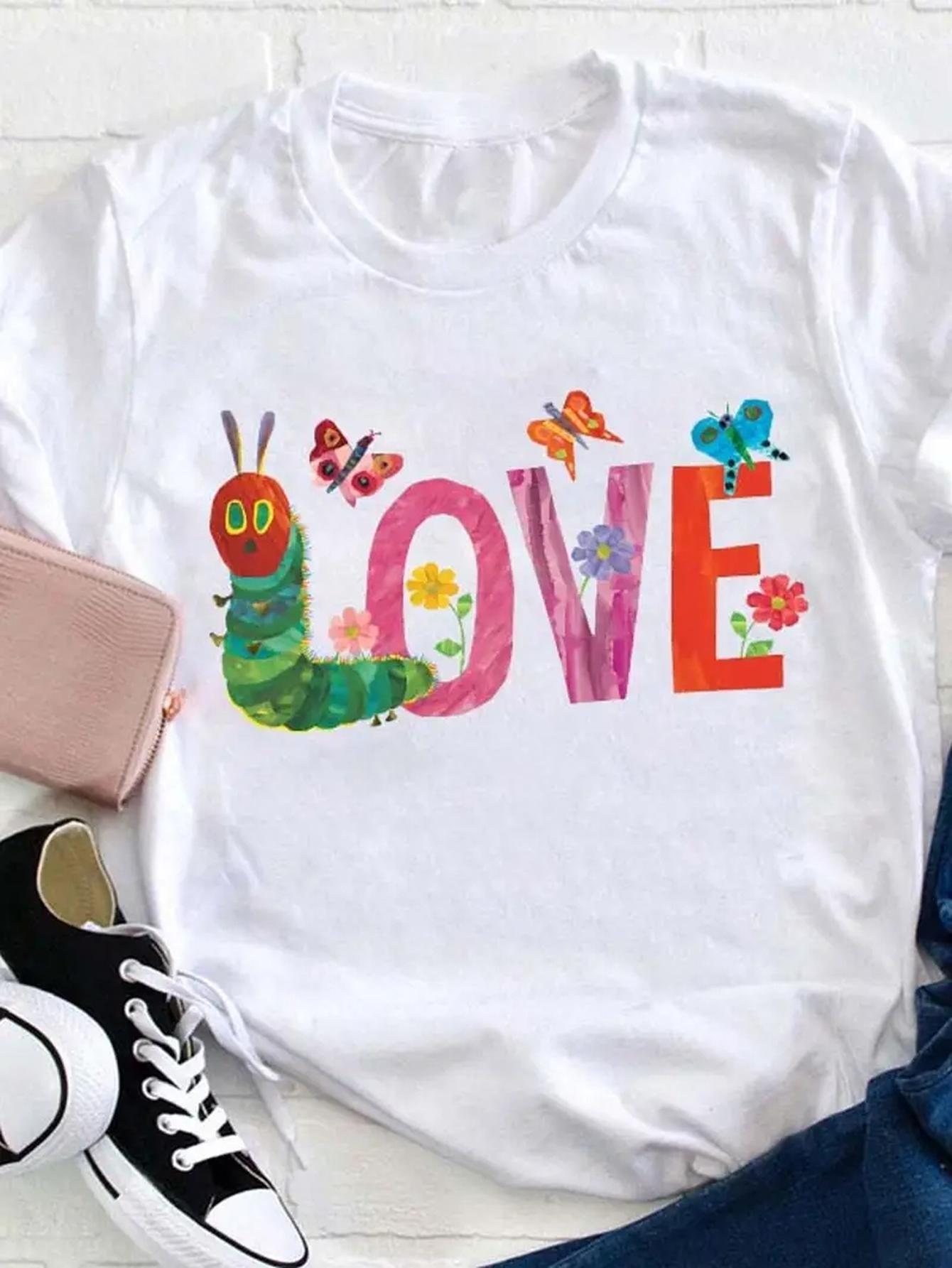 

Модная женская футболка с принтом «Любовь гусеницы и бабочки», расслабленный круглый вырез, элегантный повседневный топ, женская одежда 4XL