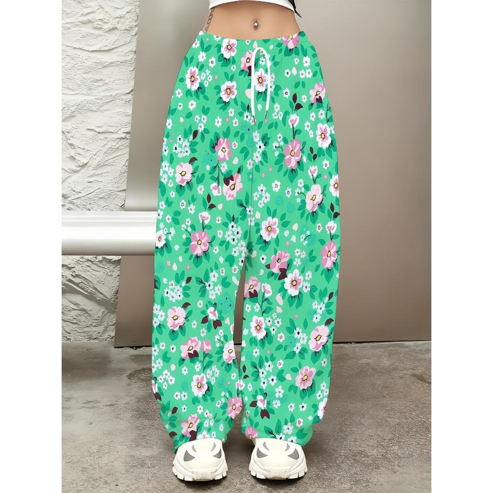 Ladies Green Floral Pink and White Printed Wide Leg Jogging Pants