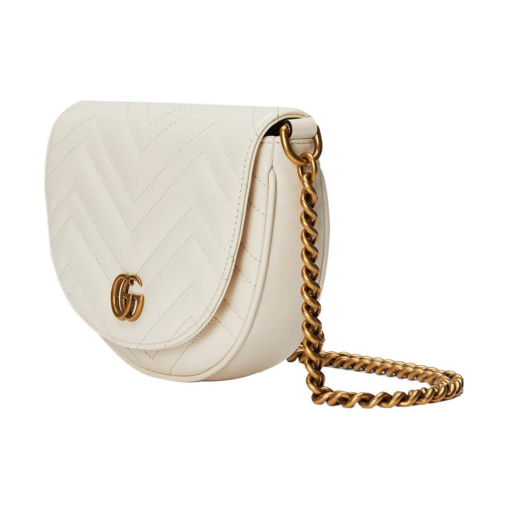 Gucci GG Marmont Chevron Quilted Saddle Bag, White Leather with Vintage Gold Double G, Women's Crossbody Handbag for Daily 746431-DTDHT-9022