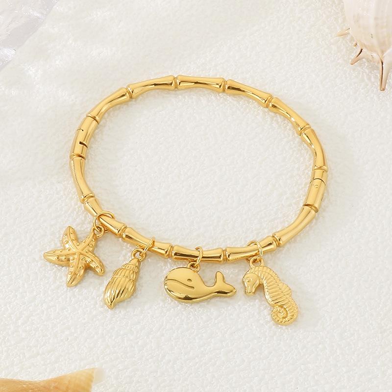 Ocean-Inspired Starfish, Seashell & Dolphin 18K Gold-Plated Bamboo Bracelet for Women