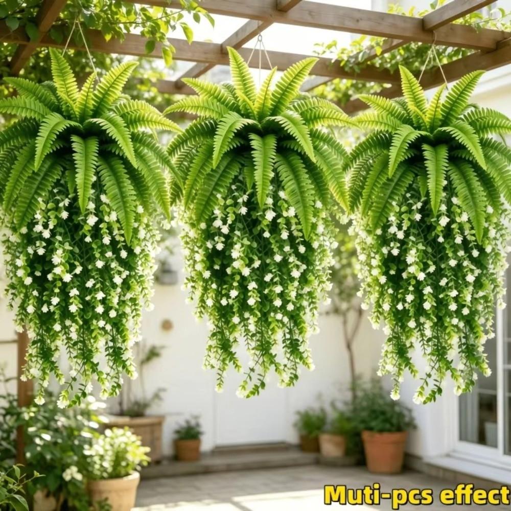 3Pcs/Set UV Resistant Artificial Hanging Plants Easy Care Natural Visual Effect Realistic Fake Fern Vines Plastic Material