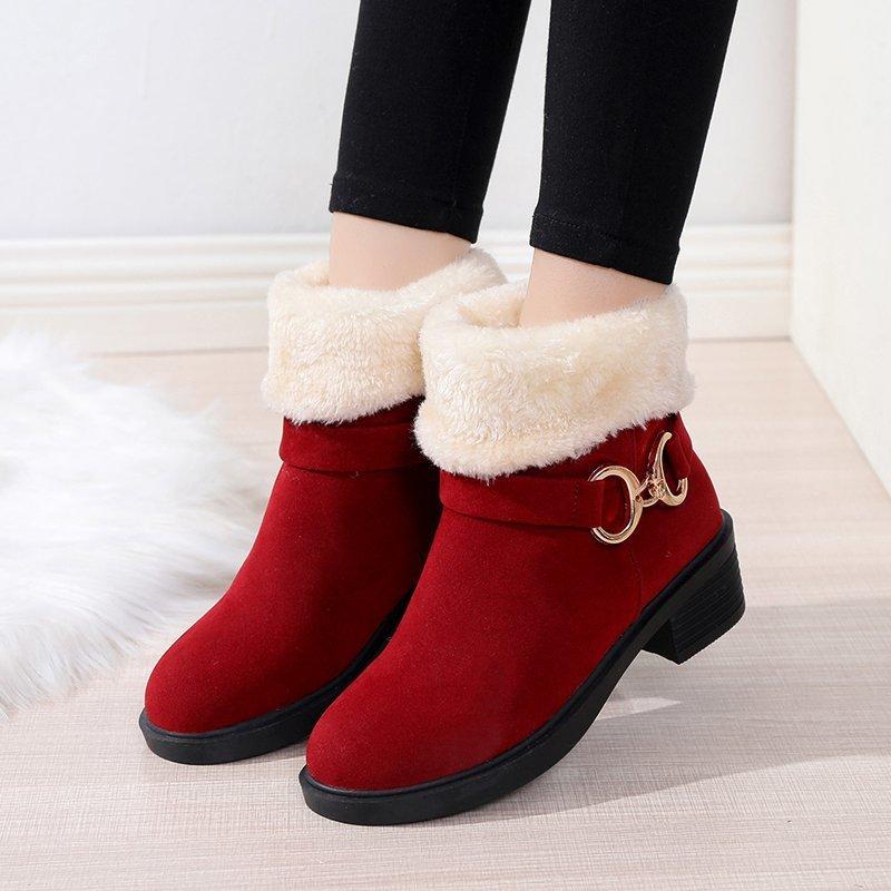 2025 Autumn and Winter Thick Heel Velvet Warm Snow Boots Women's Short Boots Wish Foreign Trade Fashion Simple Suede Thickened Cotton Shoes