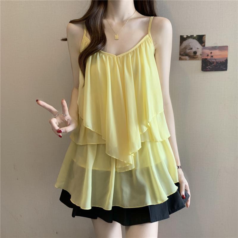 Plus Size Solid V-Neck Sleeveless Patchwork Camisole - Korean Style Loose Casual Women's Top