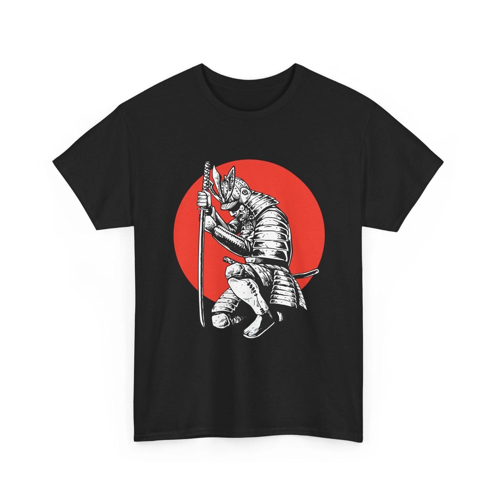 Kneeling Samurai Warrior T-Shirt Red Sun Japanese Armor, Cool Fighter Shirt Gift S