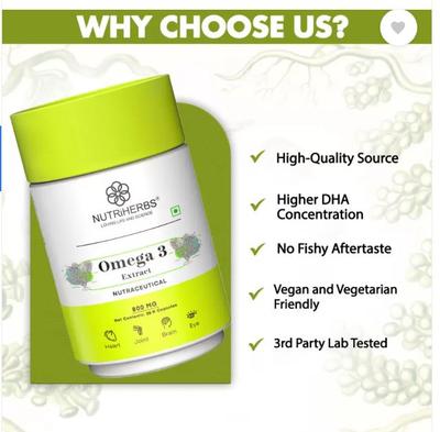 Kapsułki Nutriherbs Omega 3 | Kwas Tłuszczowy | Wspiera Zdrowie Mózgu, Stawów, Serca i Oczu  (30 kapsułek)