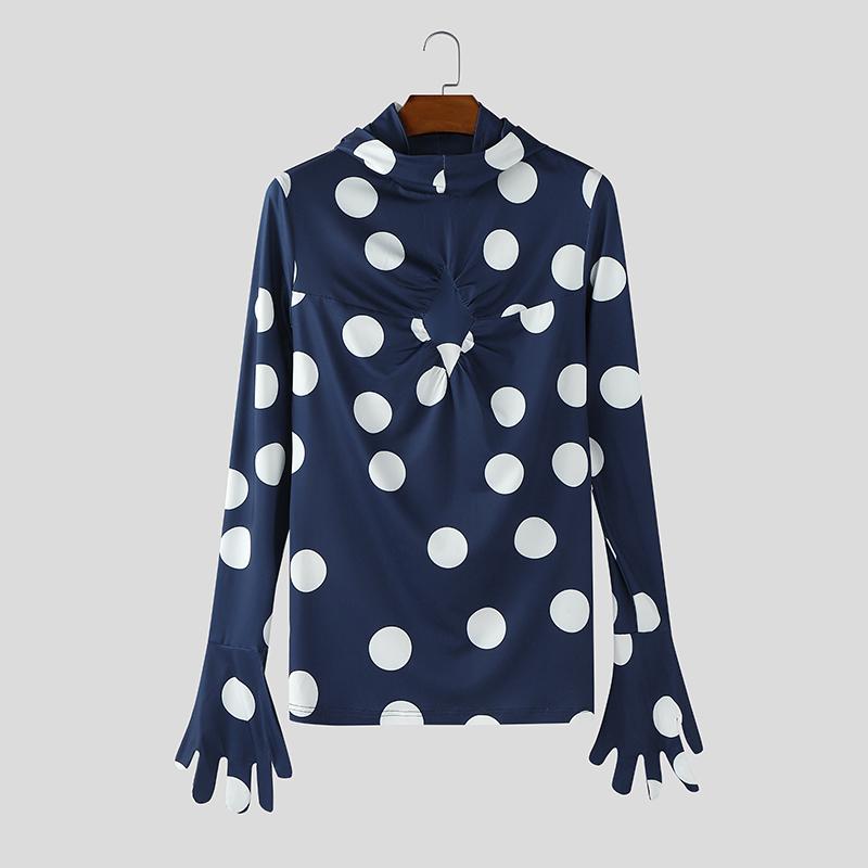 INCERUN Men High Neck Gloves Long Sleeve Polka Dots Twisted Hooded Party Club T-shirts