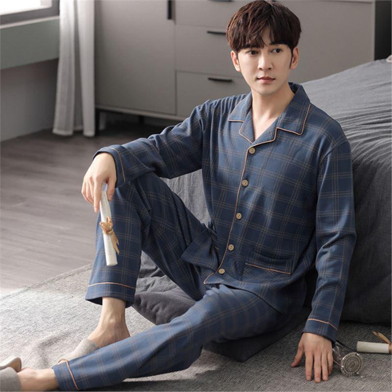 Men's Korean Style Cotton Cardigan Pajama Set - Long Sleeve & Pants for Spring & Autumn, Wearable Outdoors