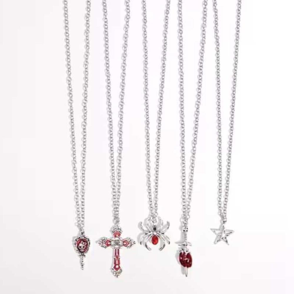 5pcs Set Gothic Punk Star Spider Cross Sword Skull Pendant Necklace for Women Men Halloween Party Daily Wear Aesthetic Jewelry