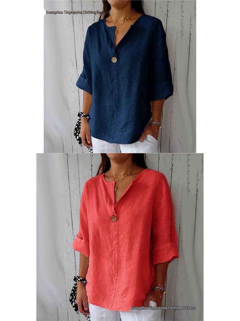 Women's Cotton Linen V-Neck Button T-Shirt - Summer Loose Fit
