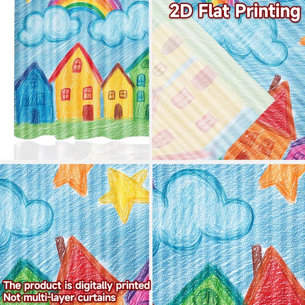 Set Of 2 Flat Printing Scene Curtains Colorful Sunny Village Digital Printed Polyester Drapes Birthday Party Use Event Curtain