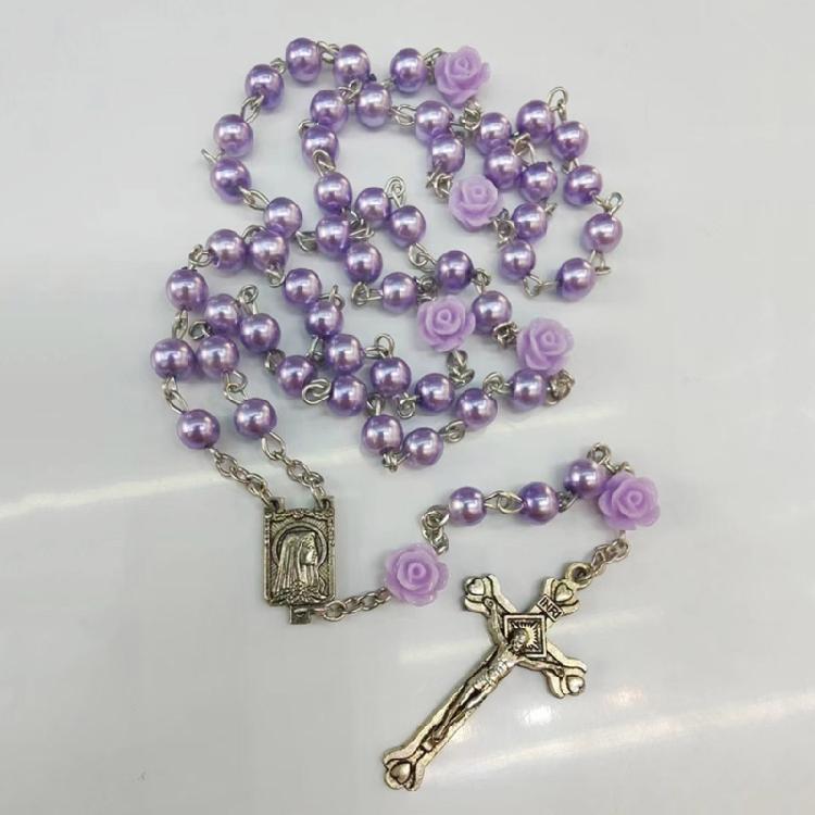 Stylish Christian Rose Flower Necklace Glass Bead Cross Pendant Rosary Necklace