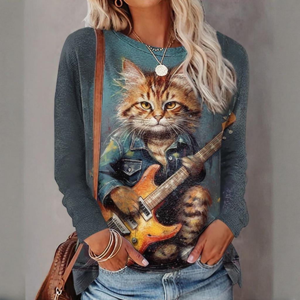 Women's Long-Sleeved T-Shirt for Fall Cartoon Animal Cat Print Fashionable Round Neck Long-Sleeved Top OverSize Women's Clothing