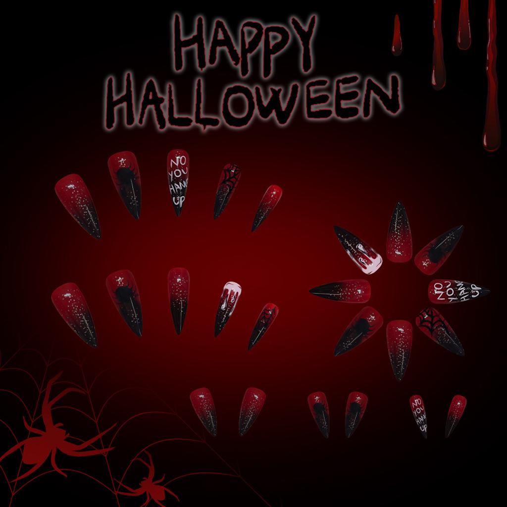 Halloween Press On Nails Almond Fake Nails Spider Acrylic Nails Glossy False Nails Stick On Nails Full Cover Fake Nails