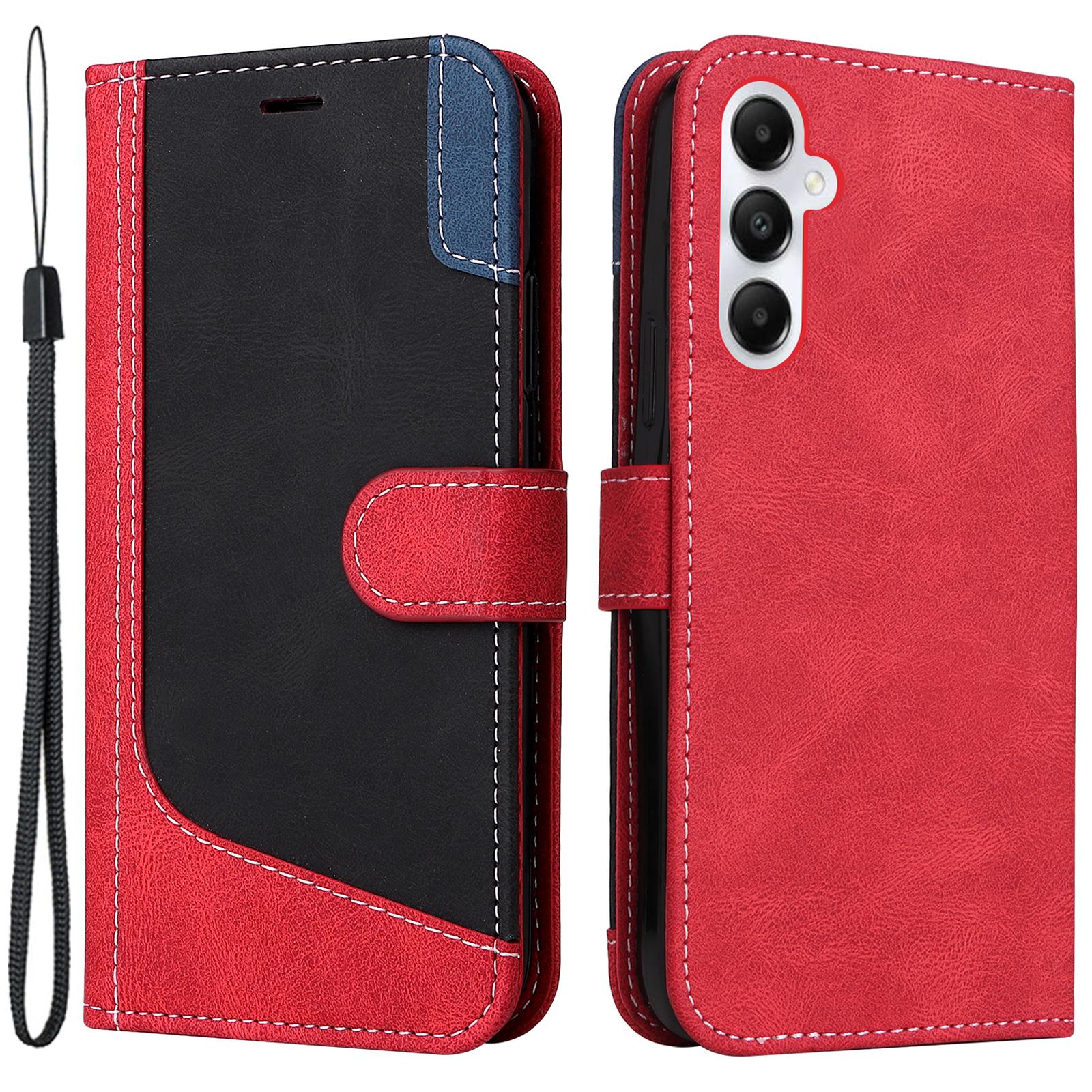 

For Samsung Galaxy A05s 4G Case Three-color Splicing Leather Wallet Stand Phone Cover with Strap Red