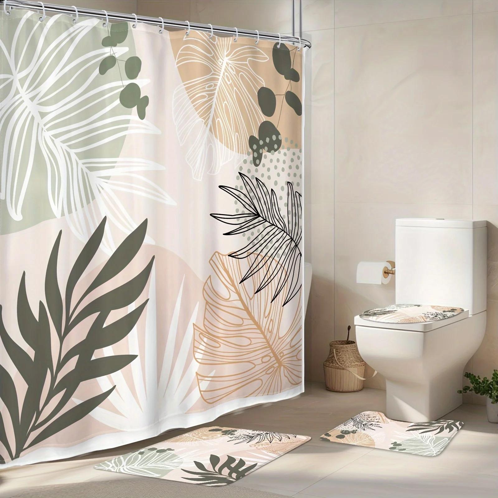 

Набір з 4 Богемних шавлієво-зелених штор для душу, Абстрактні сучасні естетичні тропічні штори для душу в стилі середини століття з гачками 90x180cm curtain