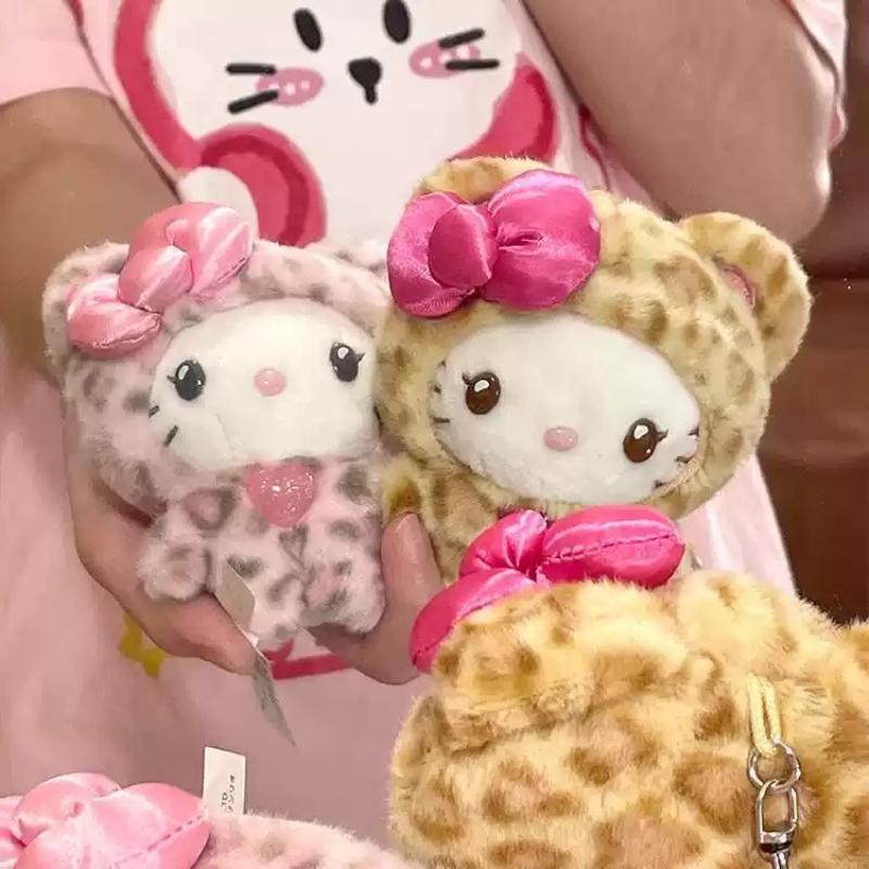 Sanrio Leopard Print Bear Series Hello Kitty Plush Keychain Bag Pendant Ornament Sweet Birthday Gift For Kids And Girls
