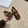 Korean version of round head suede with single shoes women's 2025 new autumn retro leopard print fashionable Mary Jane small leather shoes
