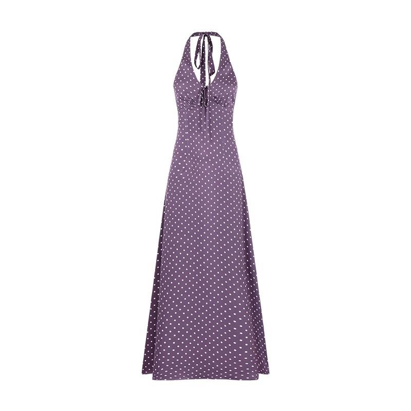 Purple Polka Dot Neck Dress Women's Spring and Summer French Vacation Style Temperament V-neck Waist and Thin Dress