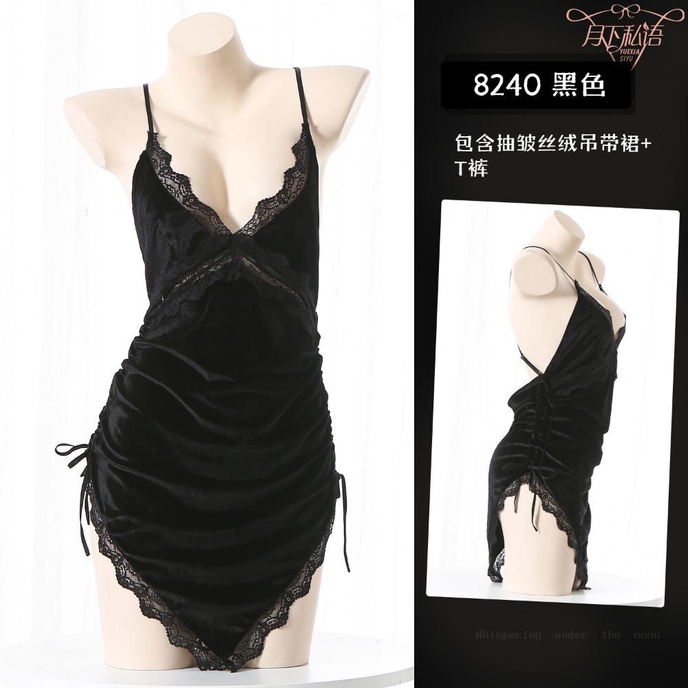 Sexy Velvet Lingerie Deep V Showing Breasts Passion Seduction Pajamas Cross-strap Backless Pajamas