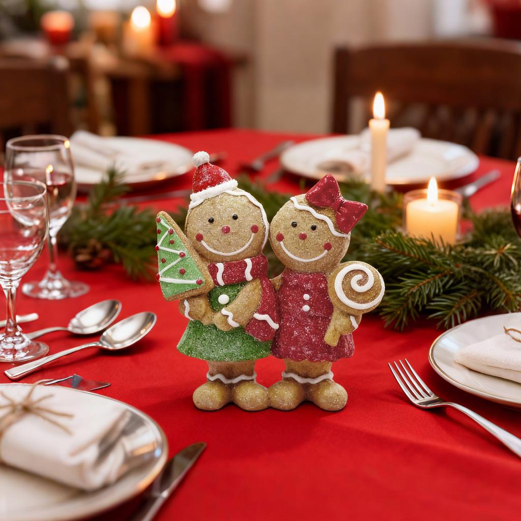 Christmas Gingerbread Couple Resin Figurine – Hand-Painted Holiday Décor, Boy With Tree Cookie & Girl With Bow And Lollipop, Tabletop/Mantel