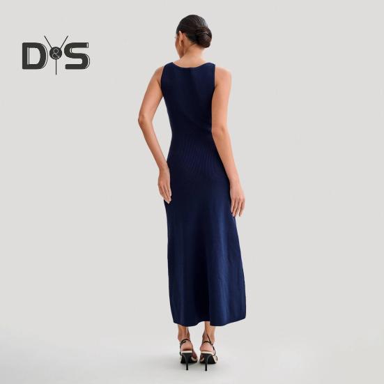 Letní dámské šaty Pletené pouzdro Slim Fit Jednobarevné Kulatý výstřih Elastické Bez rukávů Jednořadové knoflíky Délka do půli lýtek Midi šaty