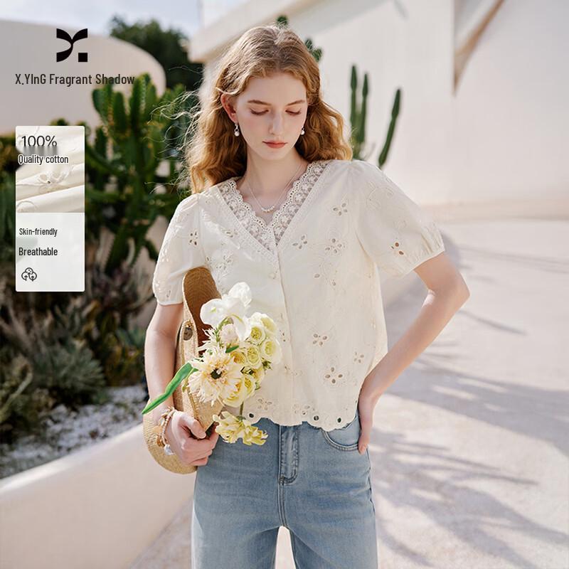 Elegant Lace V-Neck Short Sleeve Cotton Blouse L