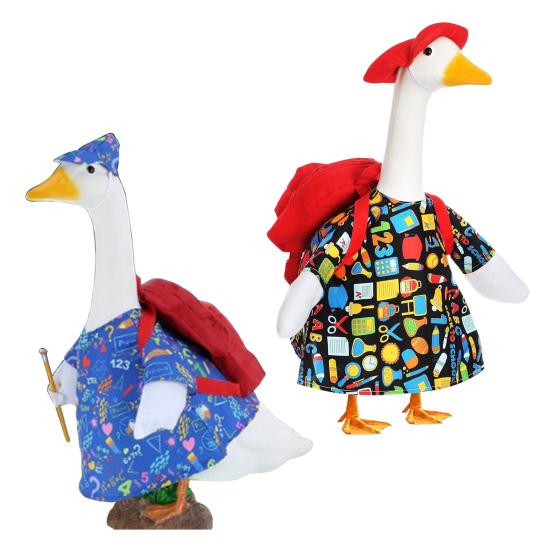 4Pcs/Set Back To School Porch Goose Outfits Outdoor Garden Lawn Yard Goose Statue Printed Dress Red Hat Backpack Pencil Dress-up Clothing