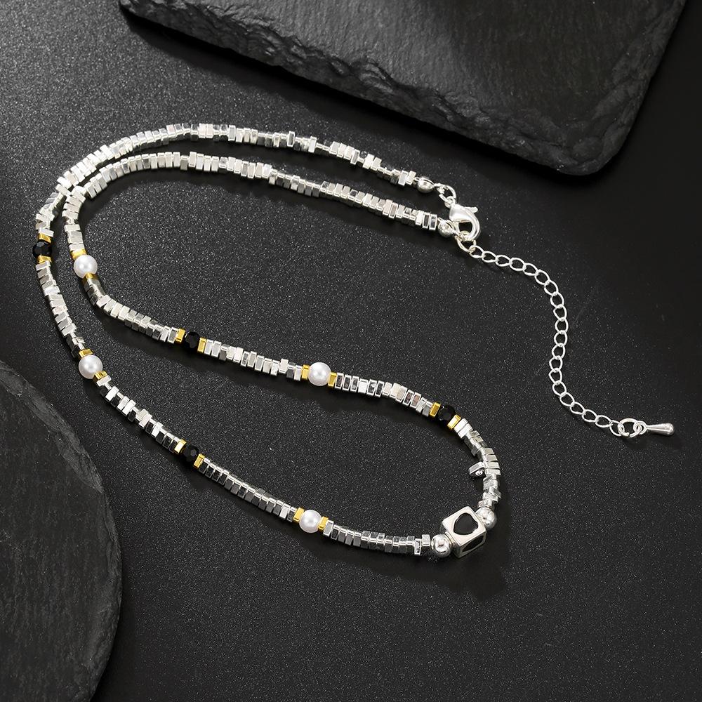 Personalized Versatile Broken Silver Black Square Love Necklace Light Luxury Niche Design Broken Silver Collarbone Chain Sweet Cool Korean