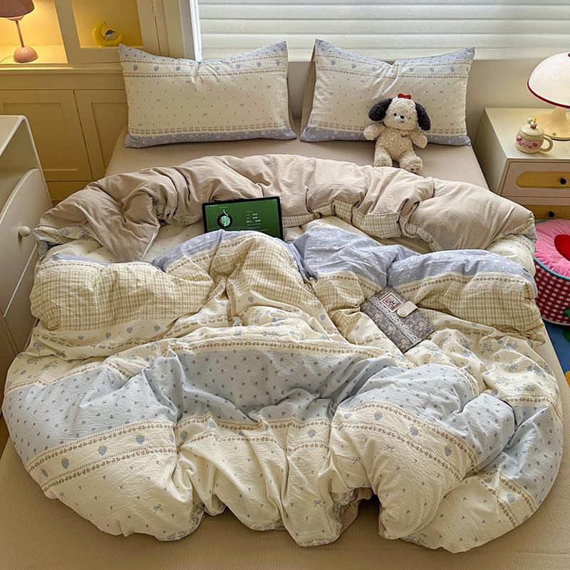 Double-Layer Gauze Cotton Printed Bedding Set - 3 or 4-Piece Options