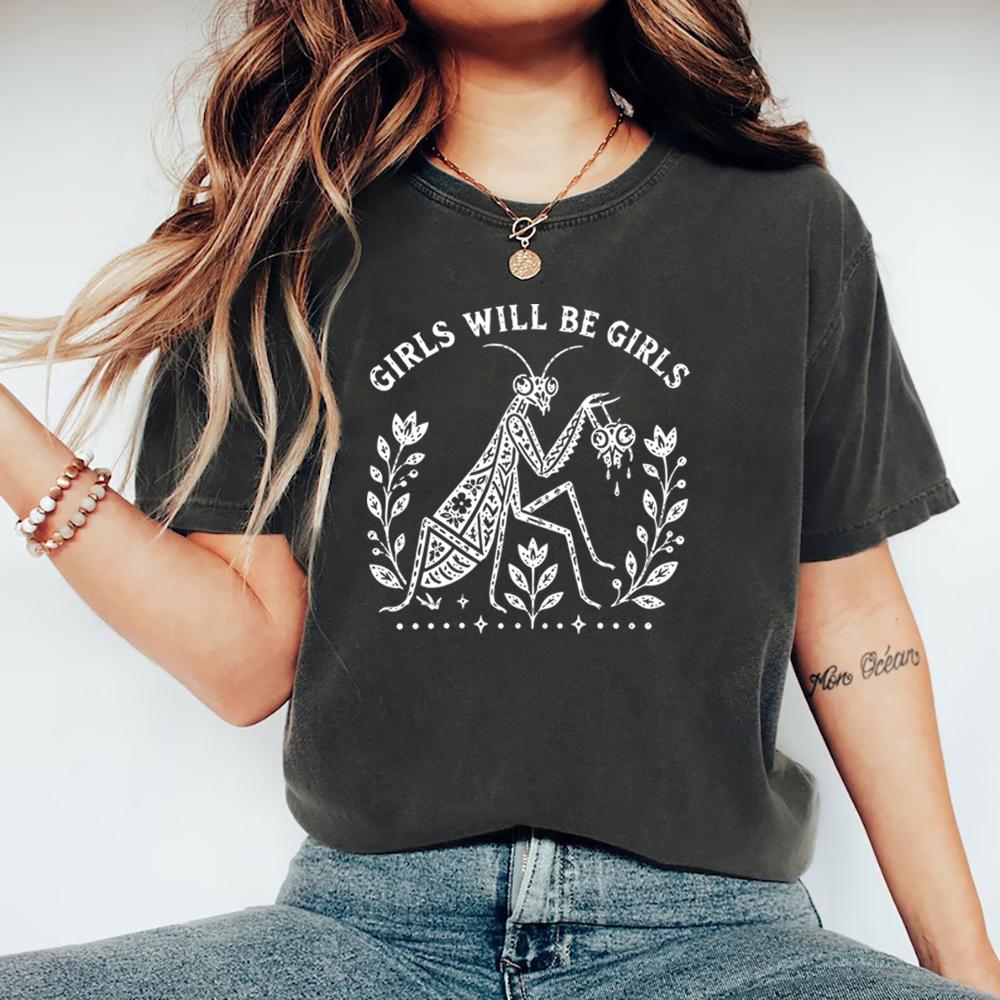Meisjes Zijn Meisjes Bidsprinkhaan T-shirt Feministische Insect Grafische Tee Vintage Botanische Mantis Shirt Natuurliefhebber Cadeau