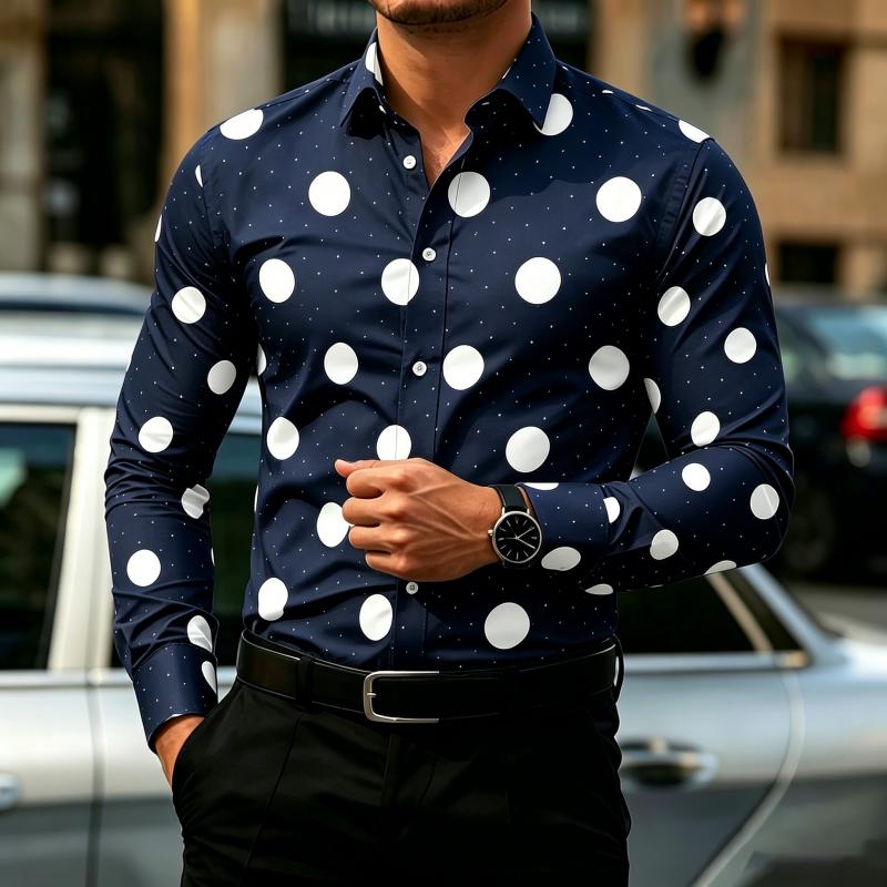Camicia da Uomo a Pois Manica Lunga, Camicia Business Casual Slim Fit, Top da Uomo Tendenza Moda Casual da Esterno