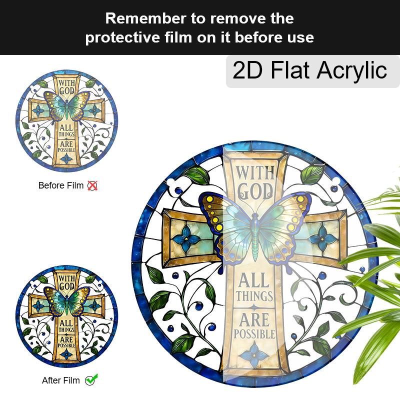 Acrylic Cross Butterfly Suncatcher Stained Glass Effect Window Hanging Ornament Religious Decor for Home