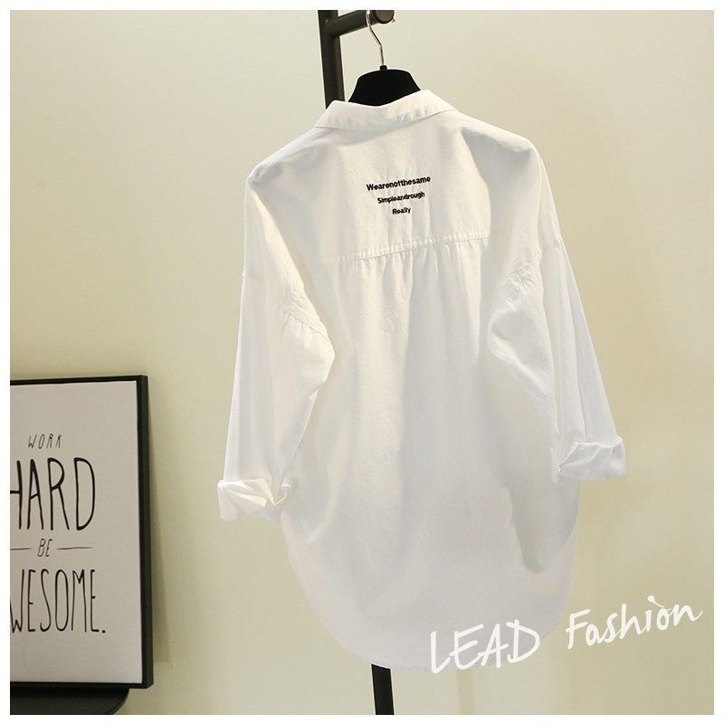 Wysokiej jakości bawełniana koszula średniej długości dla kobiet z długim rękawem, nowa wiosenna, haftowana biała koszula, wszechstronny top, modny