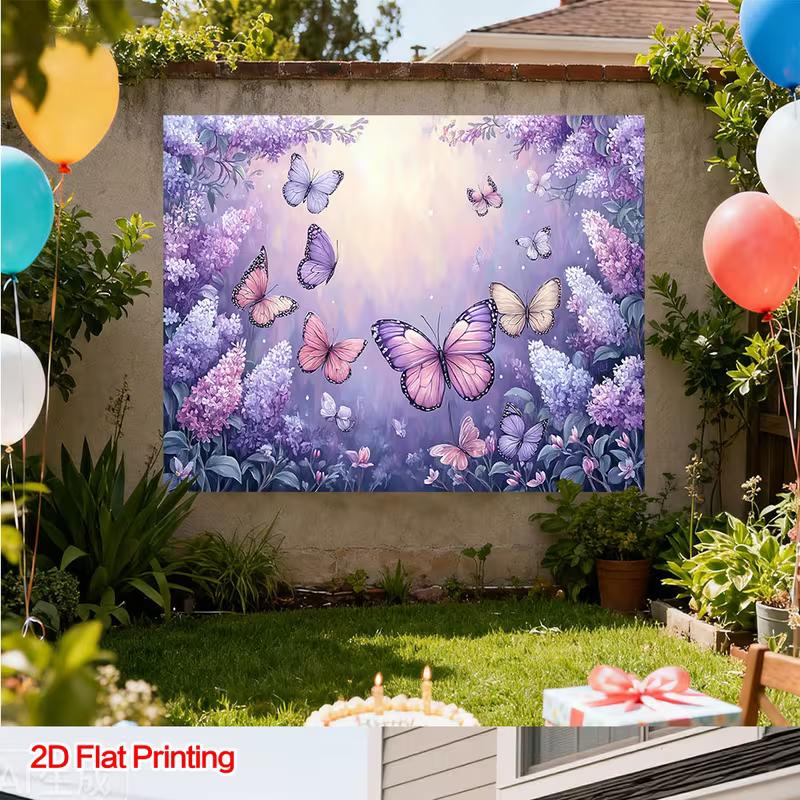 2D Dreamy Purple Floral Backdrop Butterflies & Lilac Flowers Photography Background