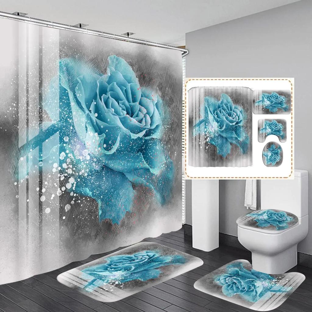 Blue Rose Flowers Waterproof Bathroom Shower Curtain Set Polyester Toilet Seat Cover Bath Nonslip Mat Rug Carpet Home Decor